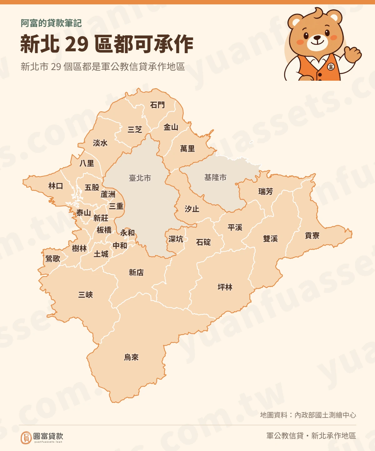 新北市 29 區都是軍公教信貸承作地區的地圖